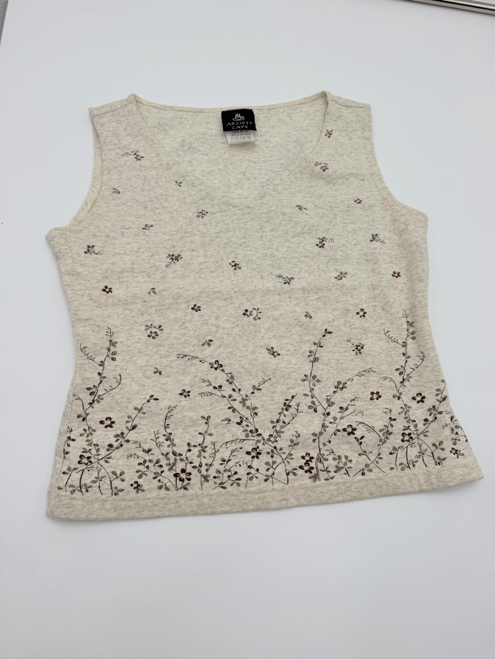 Vintage 90s Anxiety Cafe Floral Tank Top Beige Cottagecore Size L